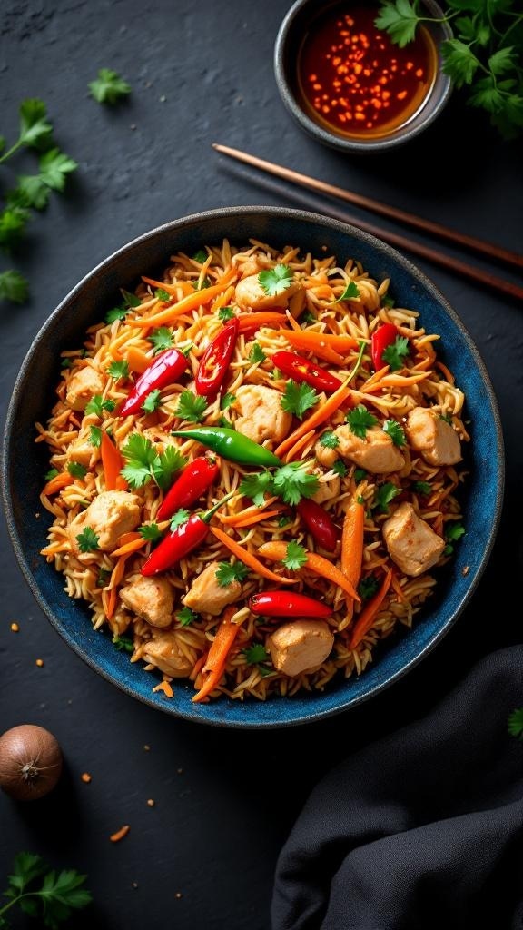 A bowl of Spicy Szechuan Chicken Fried Rice with colorful vegetables and chilies, garnished with cilantro.