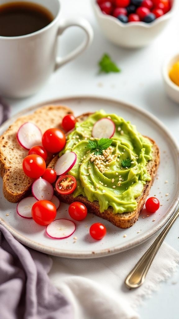 A plate with creamy avocado toast topped with cherry tomatoes and radishes, accompanied by a cup of coffee.