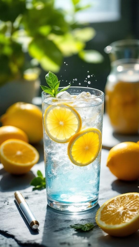 A refreshing glass of water with lemon slices and mint leaves, surrounded by fresh lemons.