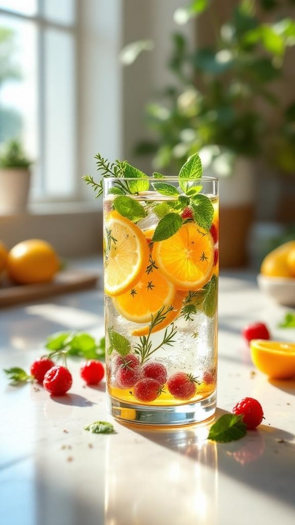 A refreshing drink with lemons, raspberries, and mint in a glass, symbolizing hydration.