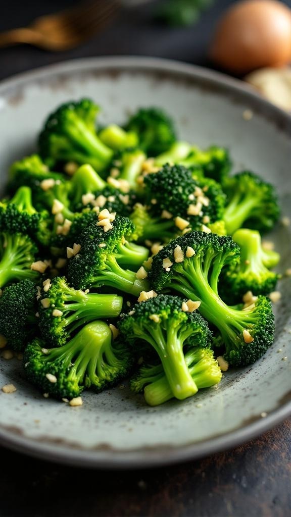 A plate of steamed broccoli topped with minced garlic, showcasing vibrant green florets.