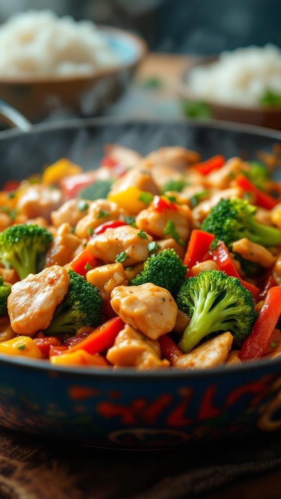 A colorful stir-fried dish with broccoli, chicken, and bell peppers in a bowl, served with rice.