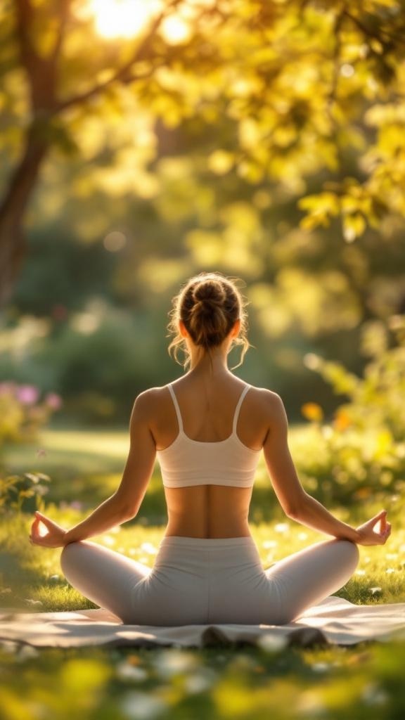 A person practicing yoga outdoors, surrounded by greenery, symbolizing stress relief and relaxation.