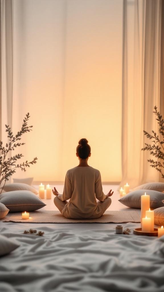 A person meditating in a serene room with candles and soft lighting.