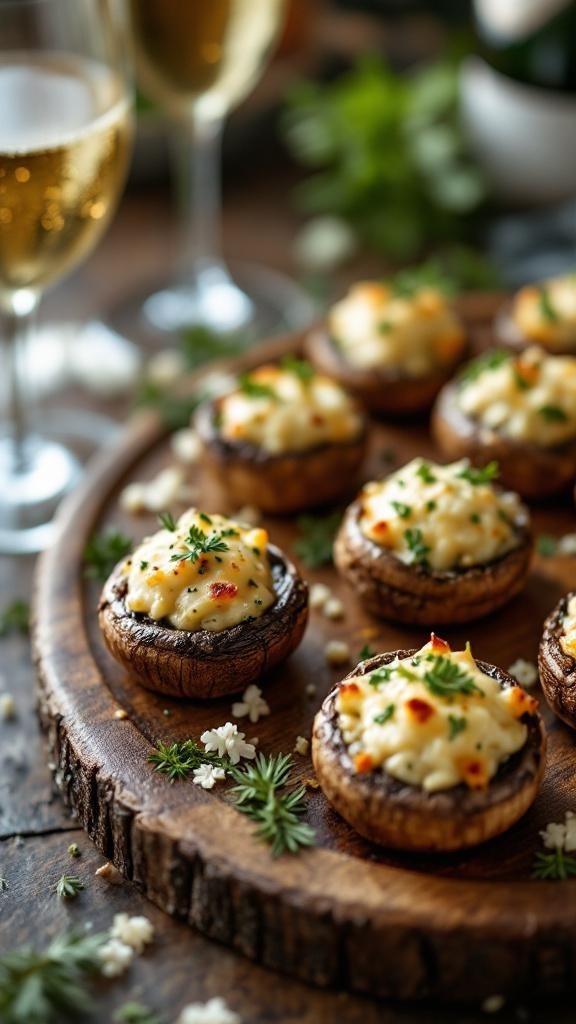 A wooden platter with stuffed mushrooms topped with cheese and herbs, alongside glasses of champagne.