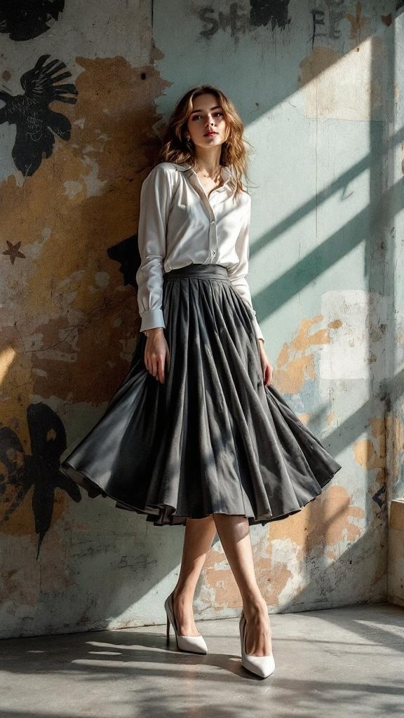 A model wearing a grey midi skirt and white blouse, paired with kitten heels, standing against a textured wall.