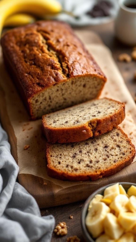 A loaf of banana bread sliced on a wooden board with bananas and walnuts in the background.