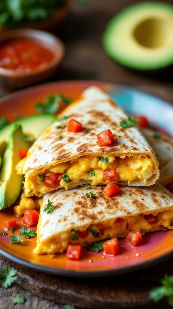 Delicious breakfast quesadillas with cheese, tomatoes, and avocado on a colorful plate.