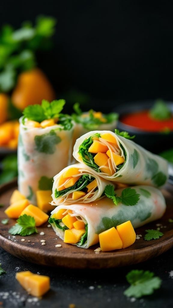 Fresh mango spring rolls with greens and dipping sauce