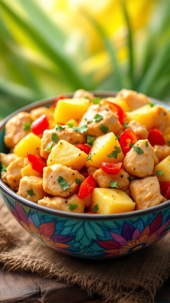 A colorful bowl of sweet and savory pineapple chicken with chunks of pineapple and red bell pepper.