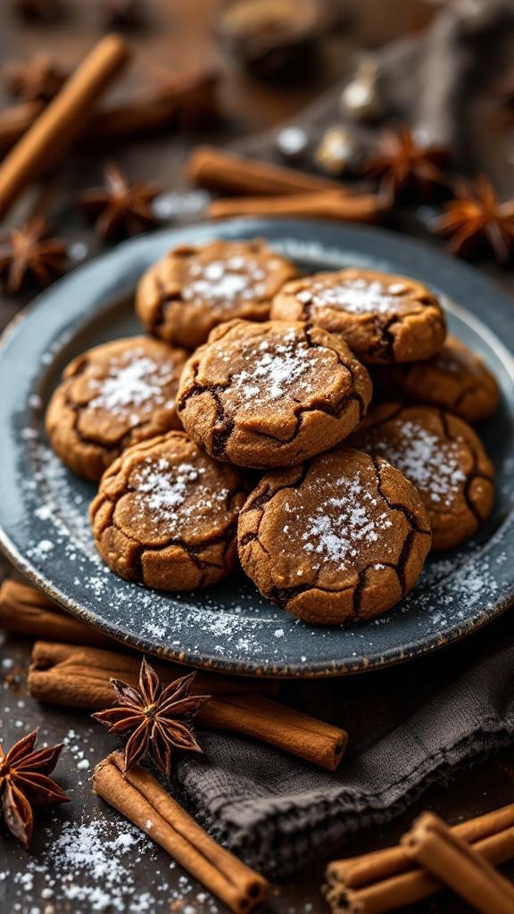 A plate of sweet and spicy ginger molasses cookies, dusted with powdered sugar, surrounded by cinnamon sticks and star anise.