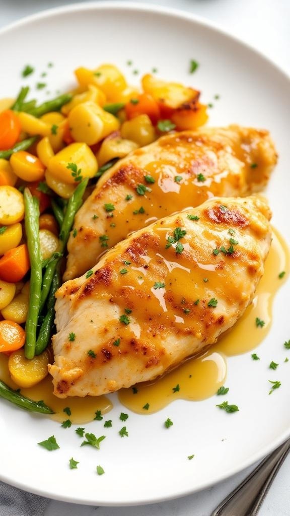 Sweet and spicy honey mustard chicken breasts served with colorful roasted vegetables.