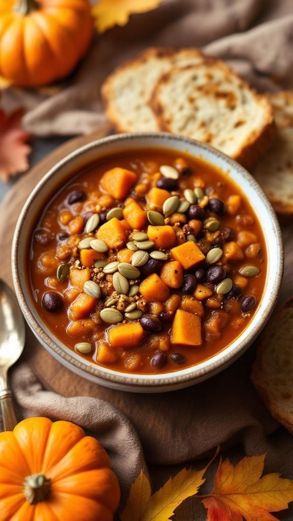 A bowl of sweet and spicy pumpkin chili topped with pumpkin seeds, surrounded by autumn leaves and a small pumpkin.