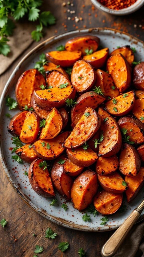 Plate of sweet and spicy roasted sweet potatoes garnished with cilantro