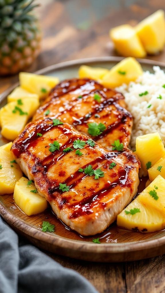 Pork chops glazed with pineapple sauce, served with pineapple chunks and rice.