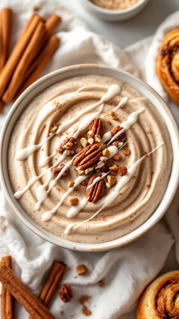 A bowl of sweet cinnamon roll chia pudding topped with pecans and drizzled with icing, surrounded by cinnamon sticks.