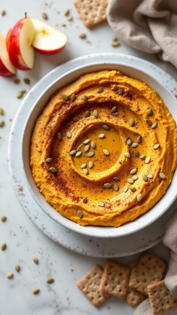 A bowl of sweet potato hummus garnished with pumpkin seeds and paprika, surrounded by apple slices and crackers.