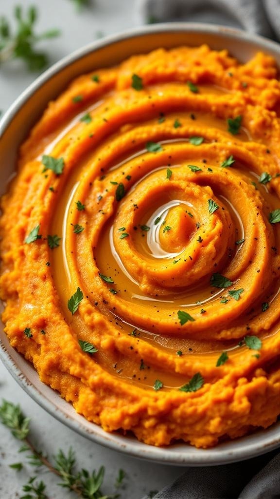 A bowl of creamy sweet potato mash drizzled with olive oil and garnished with herbs.