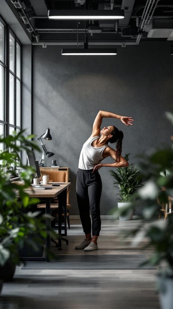 A person stretching in a modern office space filled with plants and natural light.