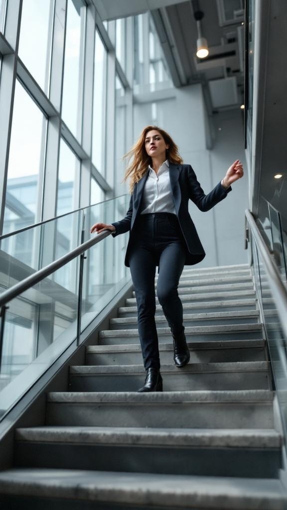 A person walking up a modern staircase in a well-lit building.