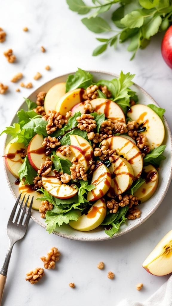 A vibrant Tangy Apple and Walnut Salad with sliced apples, walnuts, and greens on a plate.