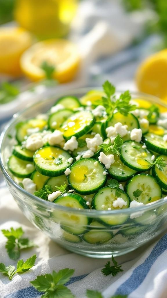 A bowl of tangy cucumber salad with feta cheese, garnished with fresh herbs.
