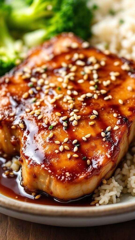 Tangy Ginger Teriyaki Pork Chops served with rice and broccoli