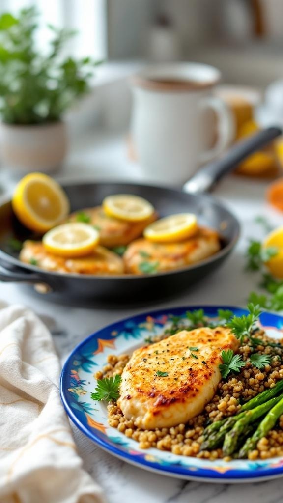 A plate of lemon pepper chicken served with couscous and asparagus, garnished with parsley.