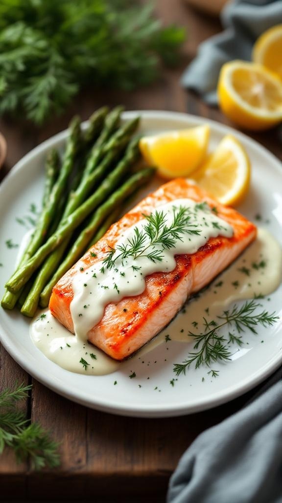 Baked salmon fillet with dill sauce, served with asparagus and lemon wedges