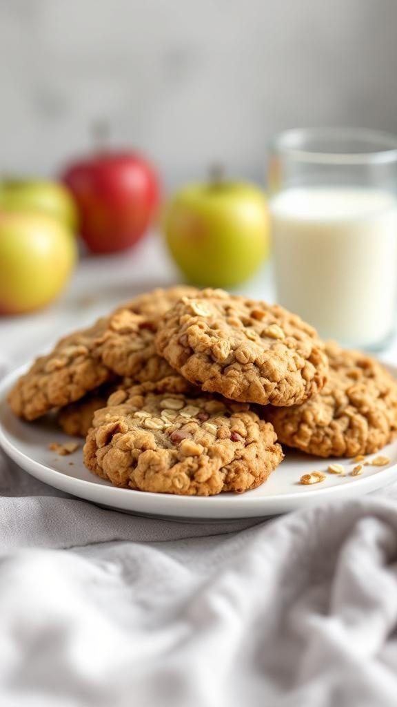 A plate of apple oatmeal cookies with fresh apples and a glass of milk in the background.