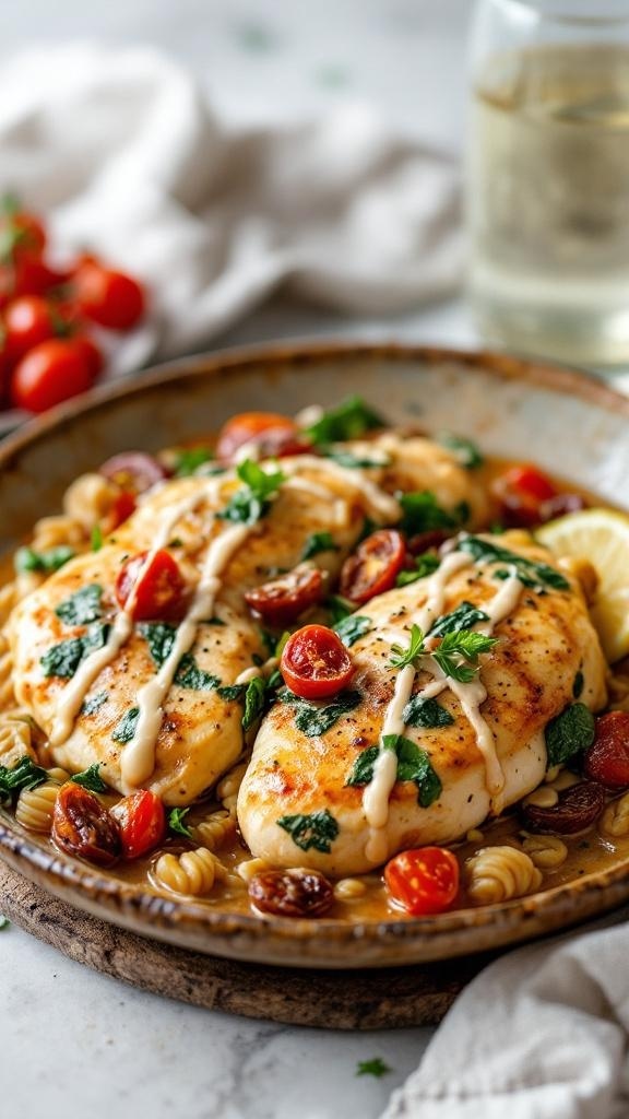 Creamy Tuscan Chicken with cherry tomatoes and spinach on a plate