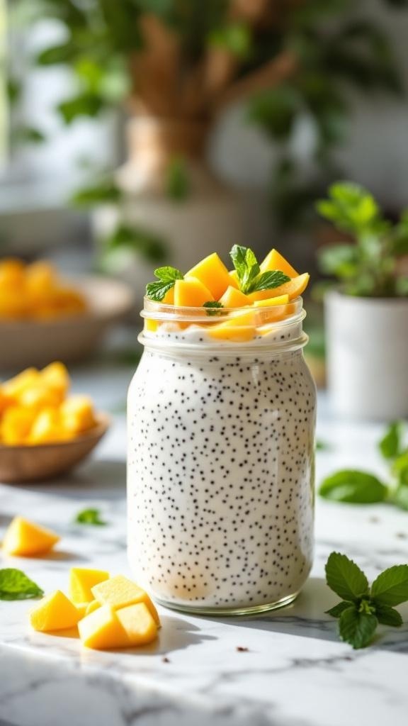A jar of chia pudding topped with mango and mint leaves, surrounded by fresh mango chunks.