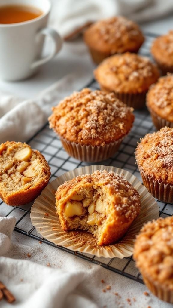 Freshly baked spiced apple muffins on a cooling rack with a cup of tea in the background.