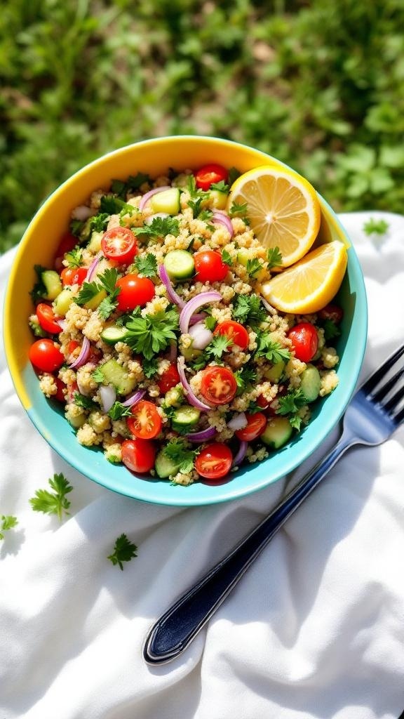A colorful bowl of Quinoa Tabbouleh Salad with cherry tomatoes, cucumbers, and lemon slices.