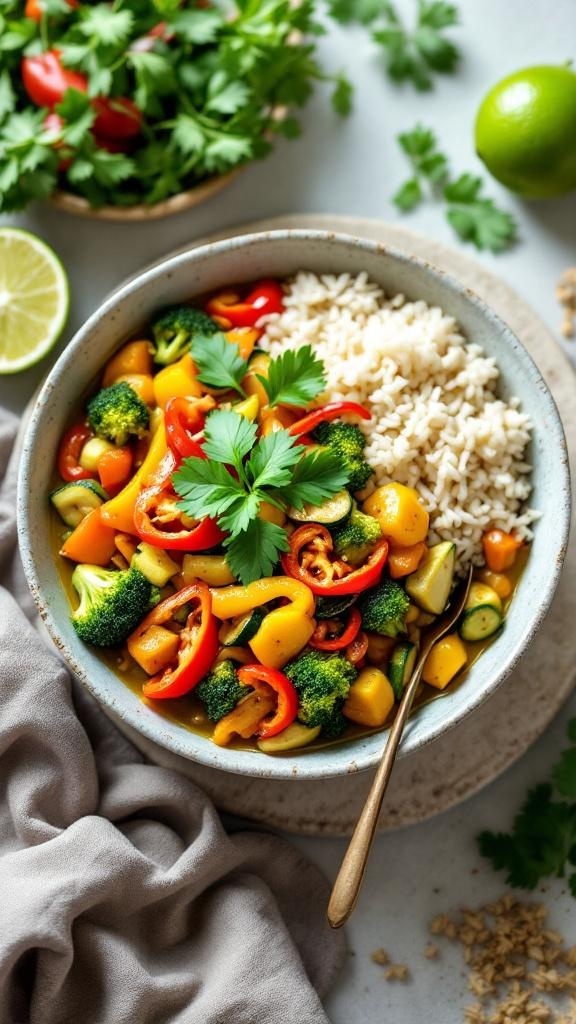 A bowl of Thai Vegan Green Curry with colorful vegetables and rice, garnished with cilantro.