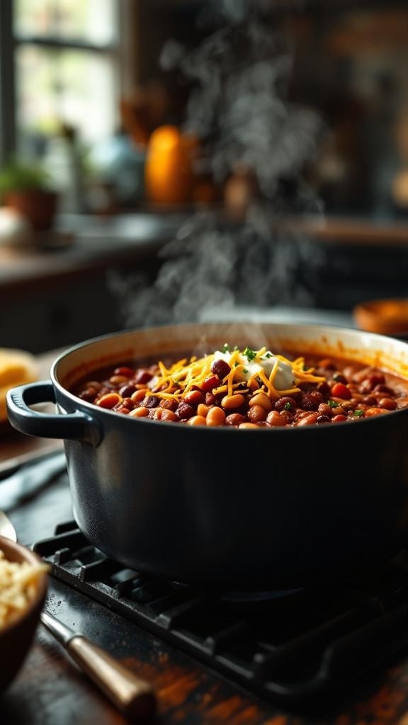 A steaming pot of chili with beans, cheese, and sour cream