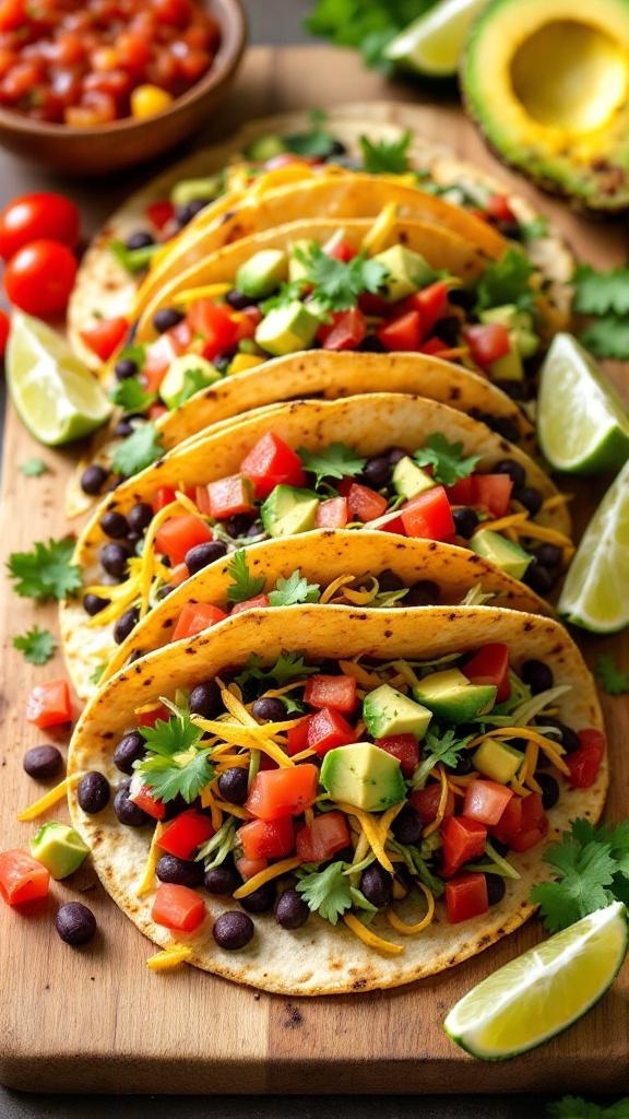 Delicious black bean and corn tacos with fresh toppings on a wooden board.