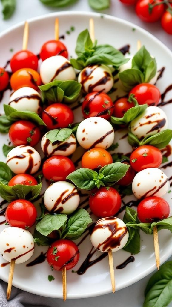 Caprese salad skewers with cherry tomatoes, mozzarella balls, and basil leaves drizzled with balsamic glaze.