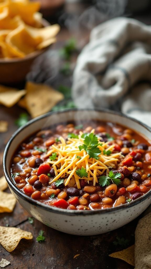 A bowl of hearty chili with beans, topped with shredded cheese and cilantro, with tortilla chips in the background.