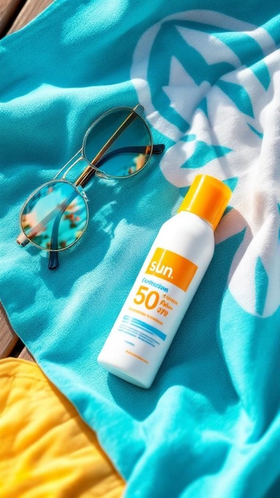 A bottle of sunscreen on a beach towel with sunglasses, emphasizing the importance of sun protection.