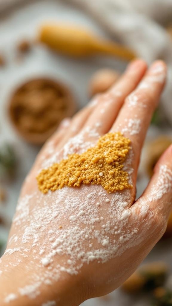 A hand with exfoliating mixture on it, showcasing the texture for skincare.