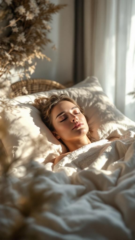A woman sleeping peacefully in a cozy bed surrounded by soft pillows and natural light.