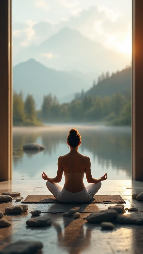 A person meditating in a tranquil forest setting, surrounded by greenery and calm water.