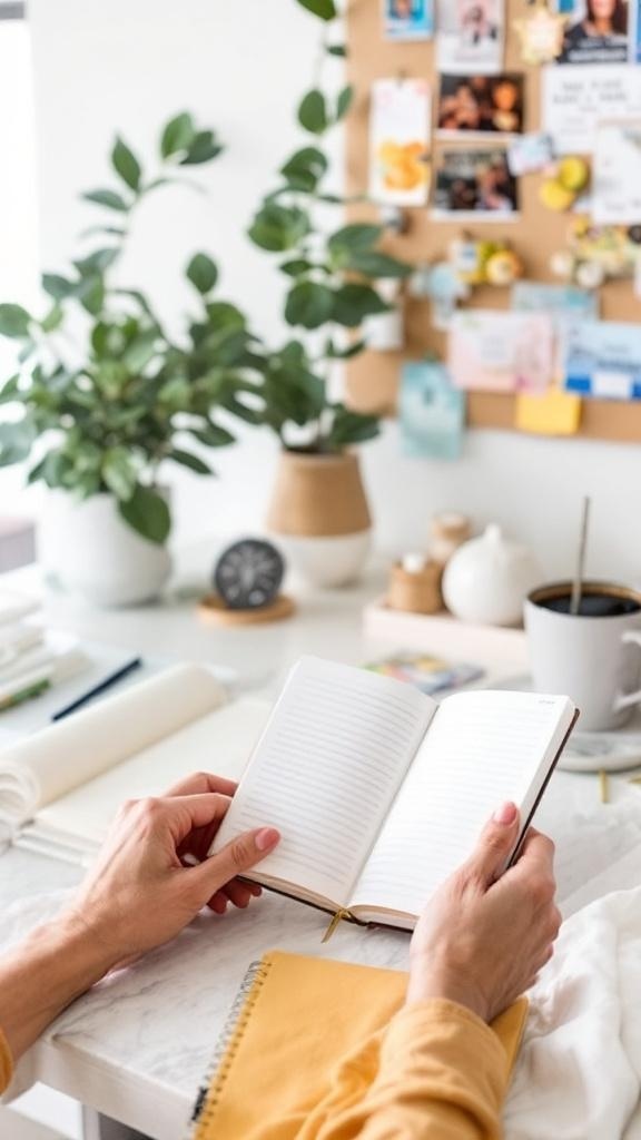 A clean and organized workspace with plants, a cup, and motivational quotes about health.