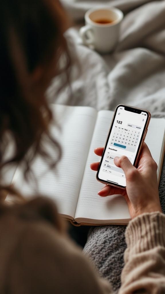 A person checking a menstrual calendar on their phone while sitting at a table with a notebook and candles.