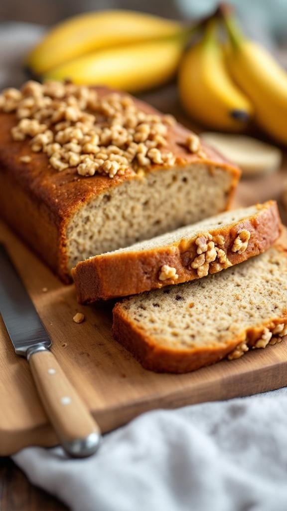 A loaf of banana bread topped with crunchy bits, sliced on a wooden board with bananas in the background.