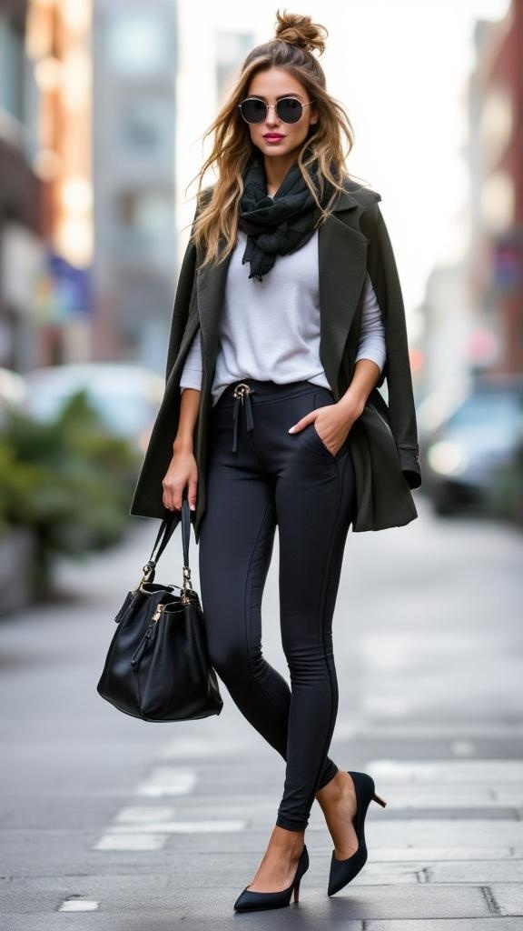 A stylish woman in a gray top, black leggings, and a green coat, wearing sunglasses and holding a black handbag, showcasing a trendy athleisure outfit with kitten heels.