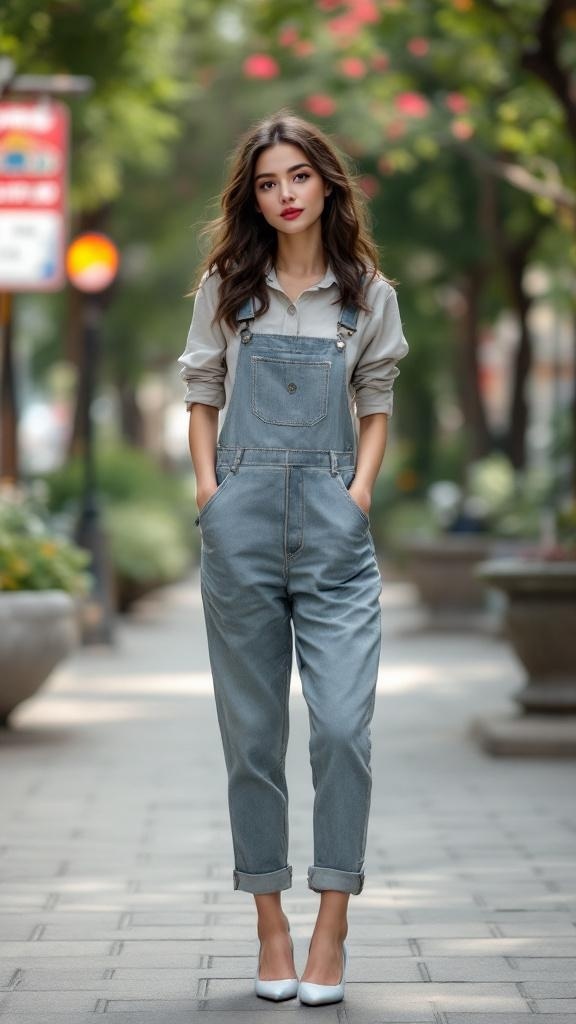 A model in light blue denim overalls and kitten heels, standing on a city street.