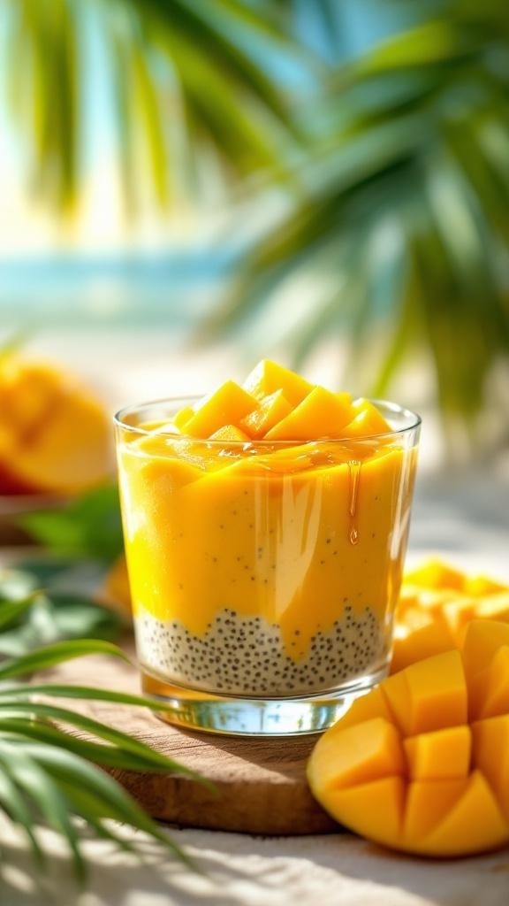 A glass of tropical mango chia seed pudding topped with fresh mango chunks, surrounded by palm leaves and mango slices.