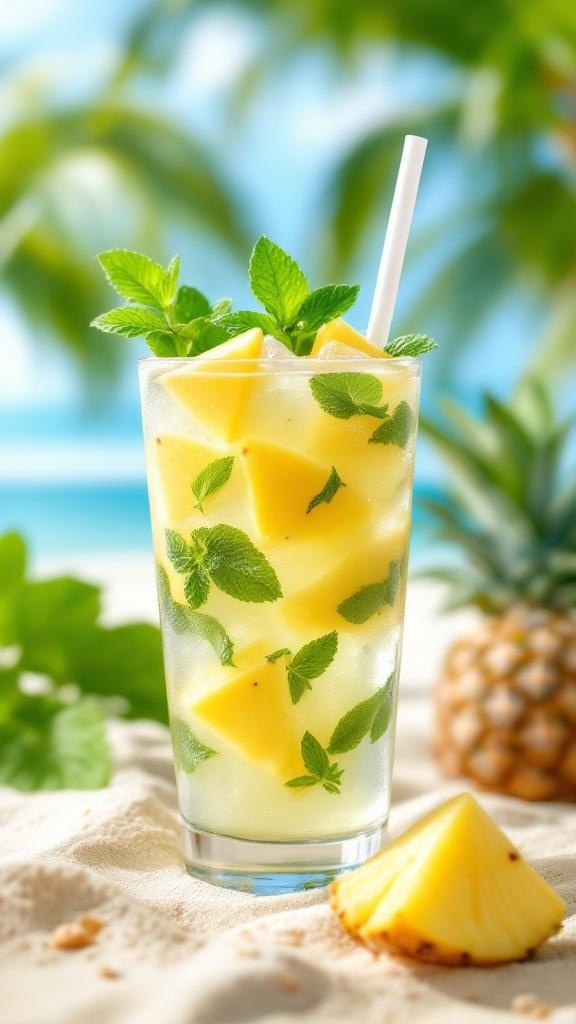 A refreshing glass of pineapple and mint detox water with ice.